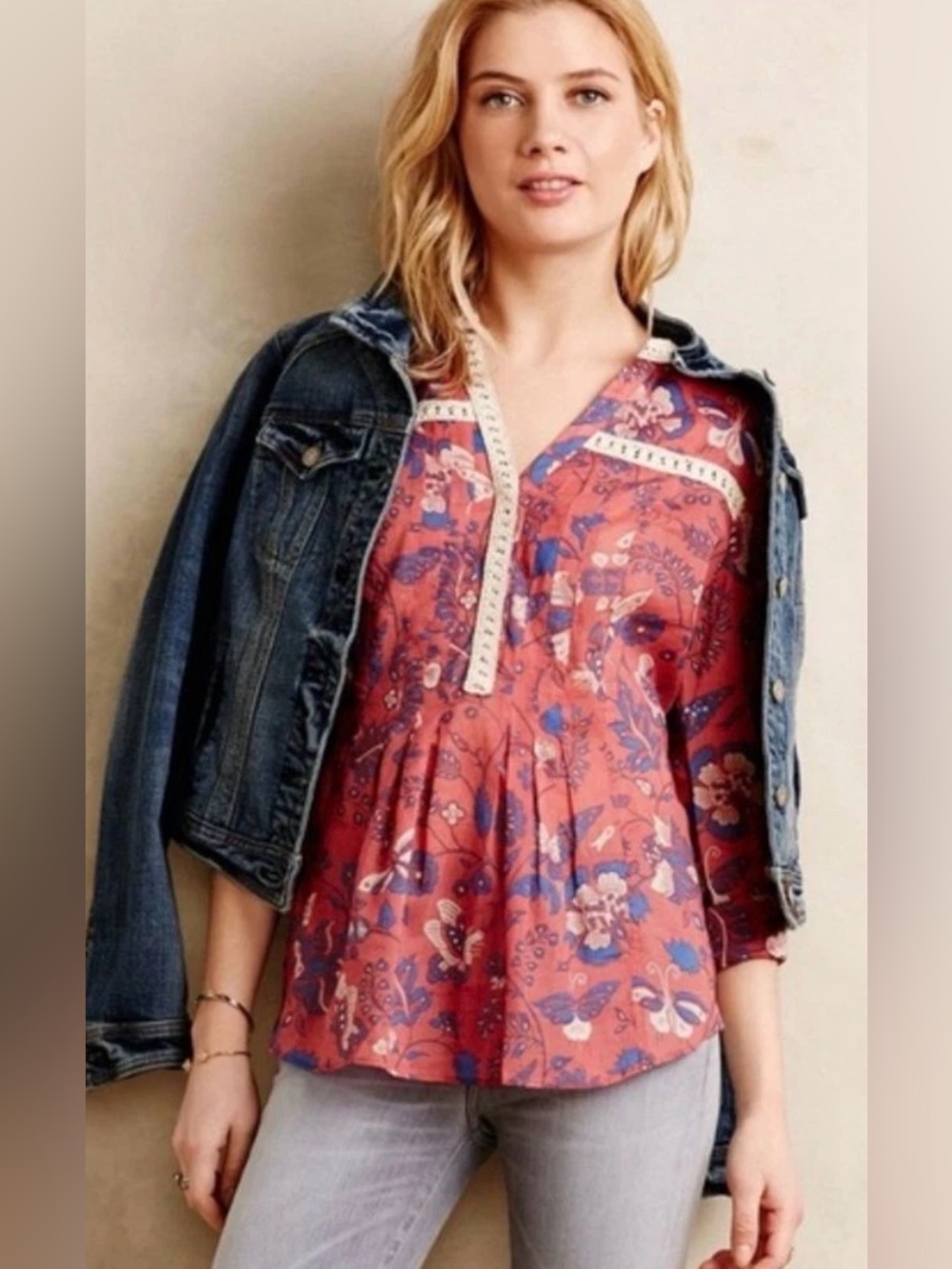Maeve x Anthropologie Abella Floral & Butterfly Crochet Pintuck Tunic Blouse 6